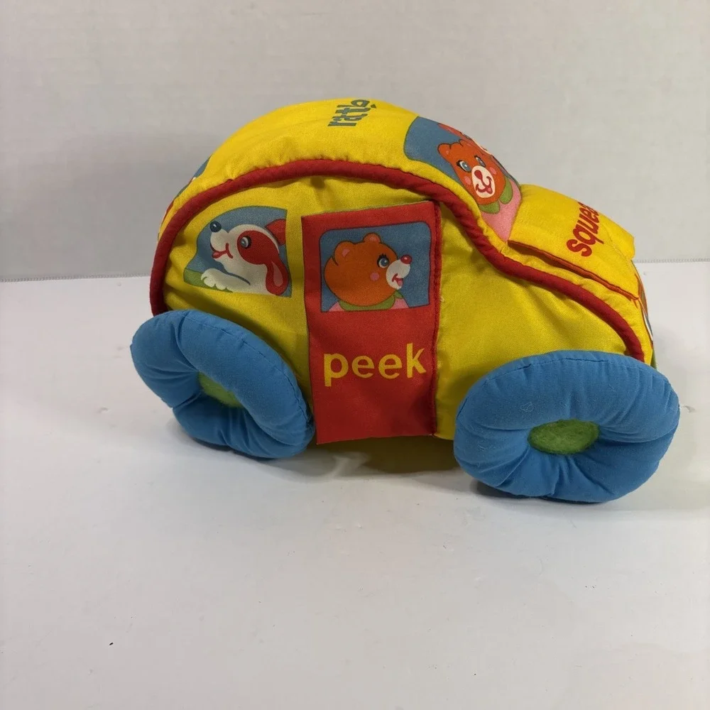 Vintage Playskool Soft Plush Car Toy Squeak Crinkle Rattle Peek-a-Boo Yellow